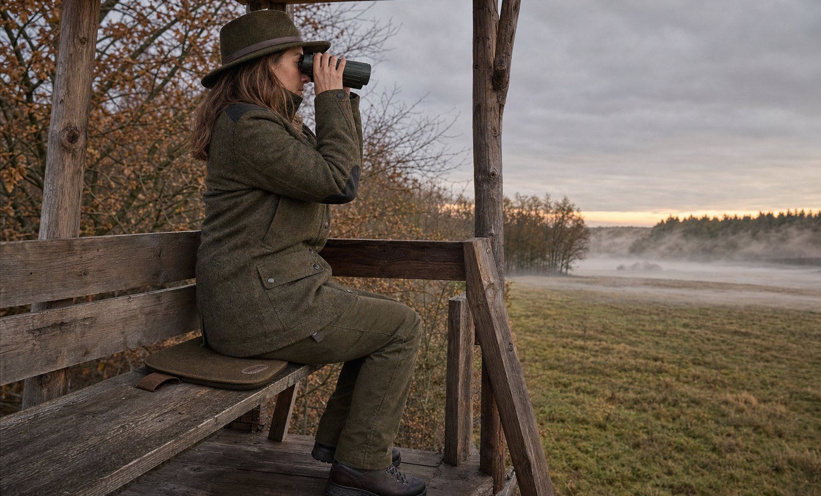 Jägerin auf dem Hochsitz im Herbstnebel mit Fernglas und Lodenjacke